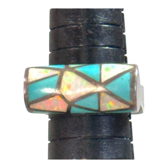 Vintage Sterling Silver Mosaic Inlay Ring  Turquoise & Opal Geometric Design 8 - Picture 10 of 10